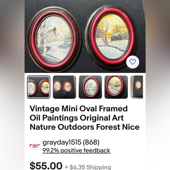 Mini Oval Oil Painting Original Black Red Frame VTG - Picture 3 of 6